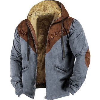 Royaura Western Denim Retro Men's Printed Zip Hoodie Jacket Warm and Comfortable Cardigan Pocket Functional Jacket