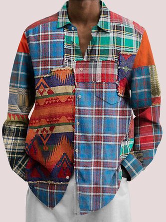 Royaura Plaid Printed Men's Button Pocket Long Sleeve Shirt