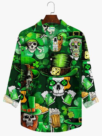 Royaura St. Patrick's Day Beer Skull Print Men's Button Pocket Long Sleeve Shirt