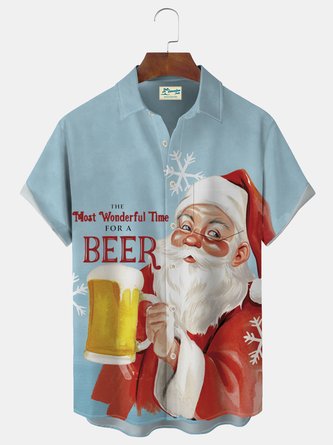 Royaura Christmas Santa Beer Print Men's Button Pocket Shirt