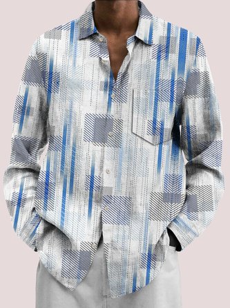 Royaura Retro Geometric Texture Print Men's Button Up Long Sleeve Shirt