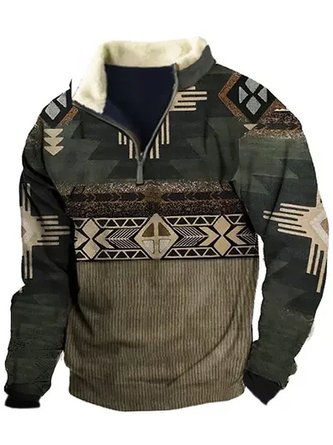 Royaura Men's Retro Western Ethnic Quarter-Zip Stand Collar Sweatshirt
