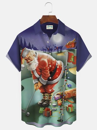 Royaura Christmas Holiday Men's Shirts Santa Claus Cartoon Fun Golf Pocket Camp Shirts Big Tall