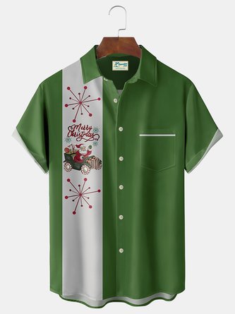 Royaura Vintage Mid-Century Geometric Green Men's Bowling Shirts Santa Easy Care Stretch Camp Pocket Shirts