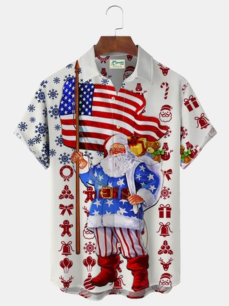 Royaura Christmas Santa Claus Flag Print Men's Button Pocket Long Sleeve Shirt