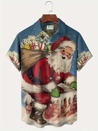 Royaura Christmas Holiday Blue Men's Hawaiian Shirts Stretch Easy Care Santa Claus Cartoon Pocket Shirts Big Tall