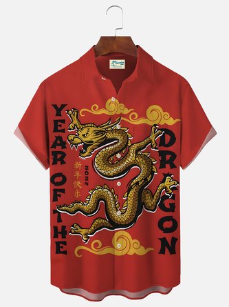 Royaura New Year Oriental Dragon Red Men's Shirts Japanese Stretch Easy Care Festive Pocket Shirts Big Tall
