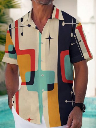 Royaura Retro Mid-Century Geometric Khaki Men's Shirts Stretch Aloha Camp Pocket Shirts Big Tall