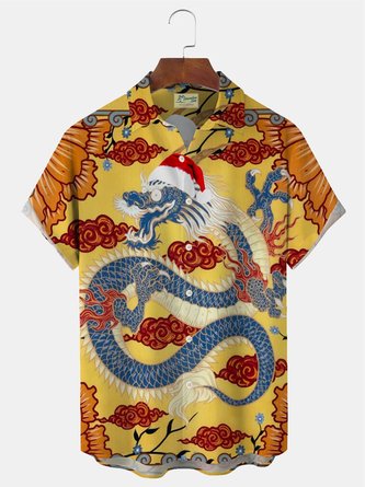Royaura Christmas Oriental Dragon Print Men's Button Pocket Short Sleeve Shirt