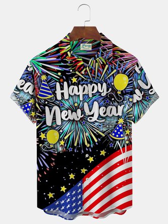 Royaura New Year Flag Fireworks Print Men's Button Pocket Shirt