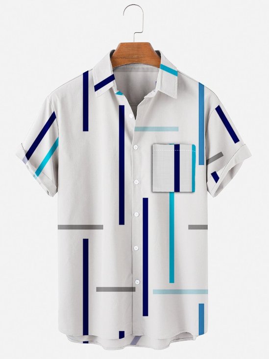 Mens Striped Print Casual Lapel Pocket Short Sleeve Classic Shirts