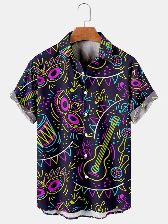Mardi Gras Carnival Masks & Music Print Casual Short Sleeve Hawaiian Shirts For Men