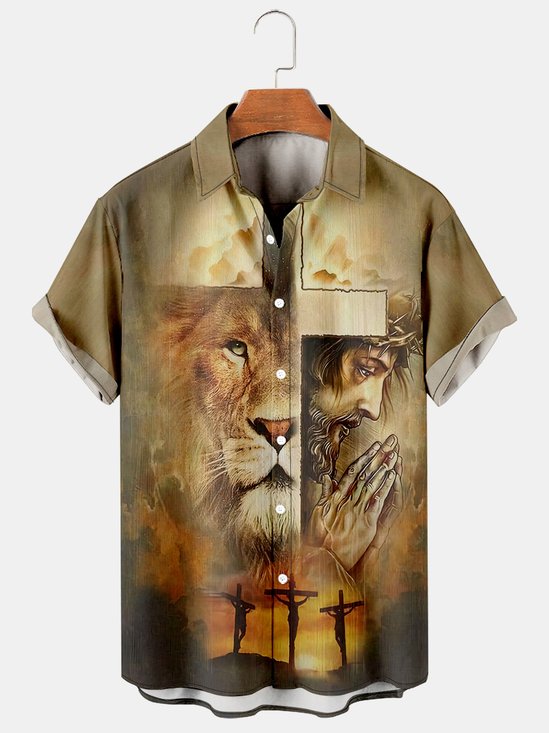Mens Easter Cross Lion Print Casual Short Sleeve Shirt