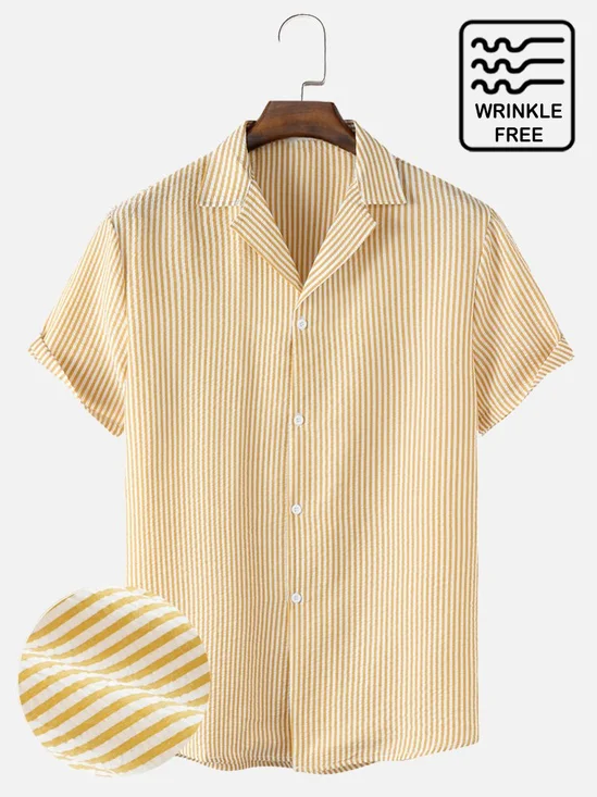 Men's Wrinkle Free Seersucker Striped Shirts Plus Size Casual Shirts