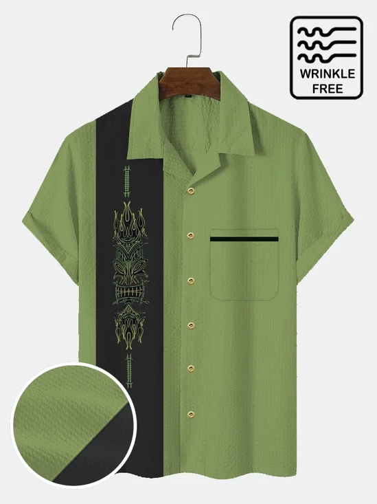 Royaura® Men's Pinstripe Tiki Panel BowIing Shirt Wrinkle Free Seersucker