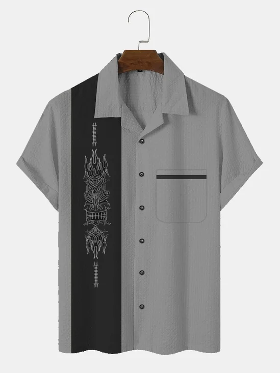 Royaura®  Men's Pinstripe Tiki Panel BowIing Shirt Wrinkle Free Seersucker
