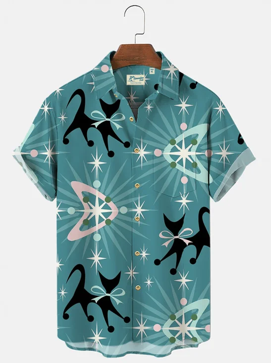 Men's Retro Cat Casual Hawaiian Shirts Art Geometric Wrinkle Free Tops