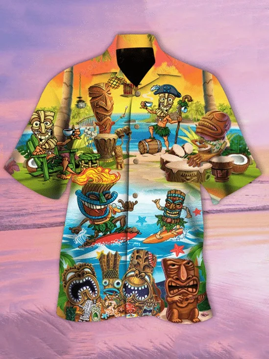Men's Holiday Tiki Print Funny Short Sleeve Hawaiian Shirt