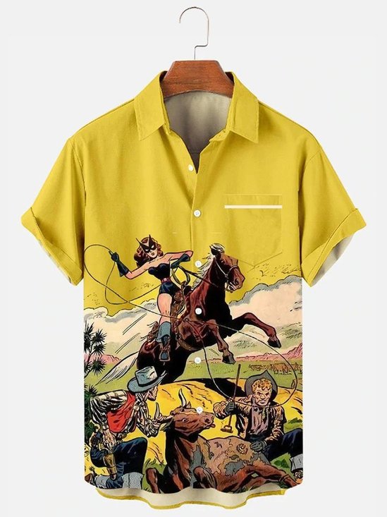 Men's Vintage Casual Shirts Western Cowboy Horse Pattern Wrinkle Free Shirts