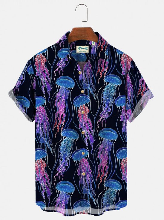 Men's Holiday Beach Casual Hawaiian Shirts Ocean Fun Jellyfish Tops