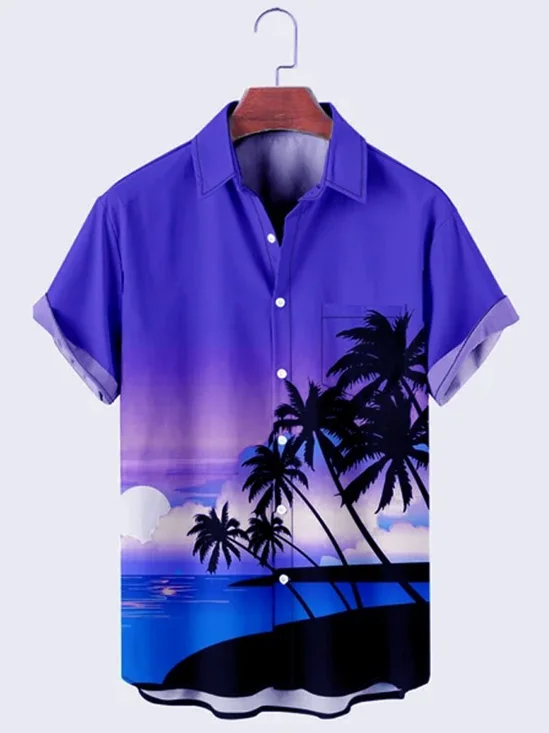 Mens Oahu Waikiki Beach Sunset Landscape Print Short Sleeve Hawaiian Shirt