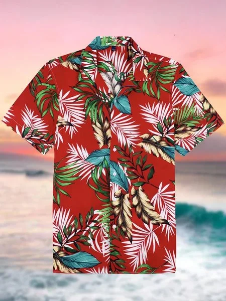 Men Women Flowers Plant Hawaiian Beach Vacation Red Printed Shirts