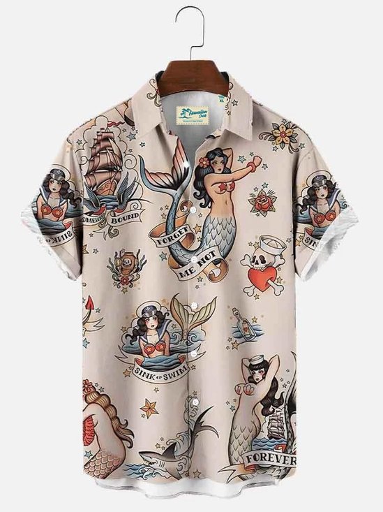 Men's Vintage Mermaid Print Hawaiian Casual Short Sleeve Shirt