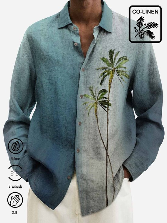 Natural Fiber Men's Retro Casual Long Sleeve Shirts Palm Tree Seaside Vacation Plus Size  Wrinkle Free Tops