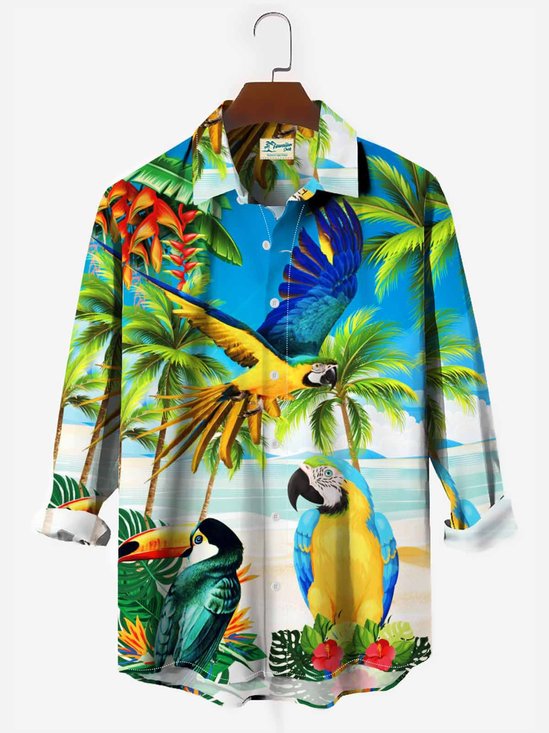 Men's Casual Long Sleeve Shirts Holiday Beach Palm Tree Toucan Anti-Wrinkle Plus Size Tops