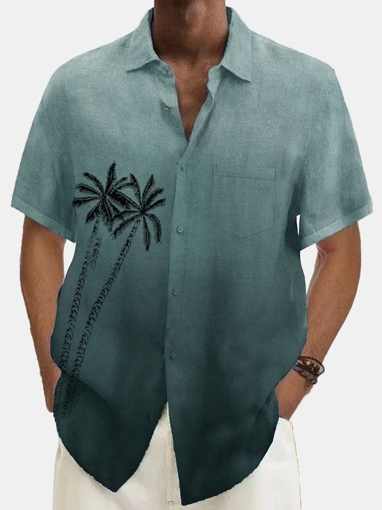 Men's Gradient Coconut Print Natural Fiber Short Sleeve Shirt