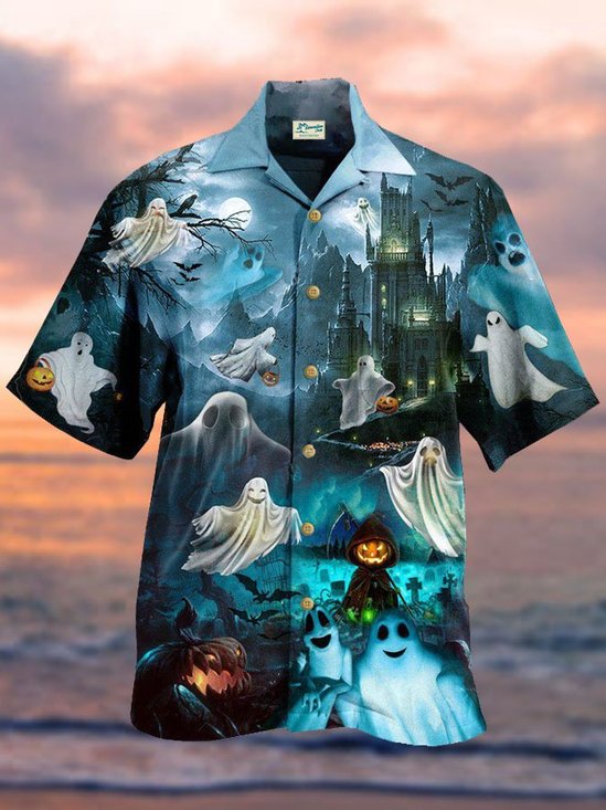 Men's Halloween Say Boo And Scary Printed Short Sleeve Hawaiian Shirt