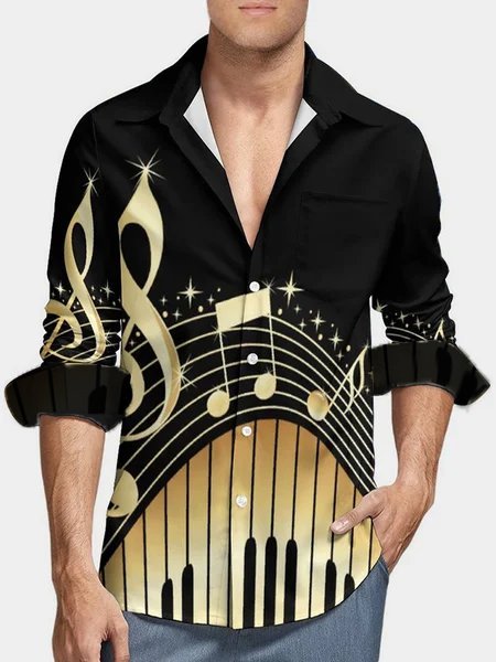 Piano Key Musical Notes Gold Music Mens Long Sleeves Beach Casual Shirt