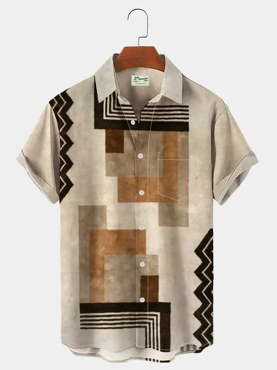 Royaura Natural Fiber Men's Holiday Geometric Hawaiian Button Short Sleeve Shirt