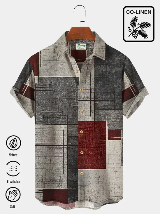 Royaura Natural Fiber Men's Holiday Geometric Texture Hawaiian Button Short Sleeve Shirt