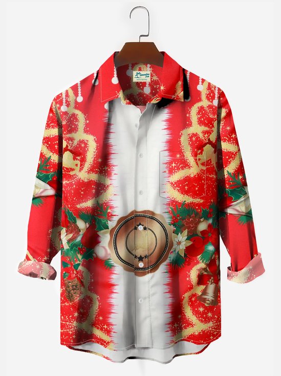 Royaura Men's Holiday Christmas Santa Hawaiian Long Sleeve Button Up Shirt