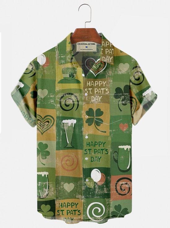 Men's Vintage St. Patrick's Day Illustration Casual Short Sleeve Shirt