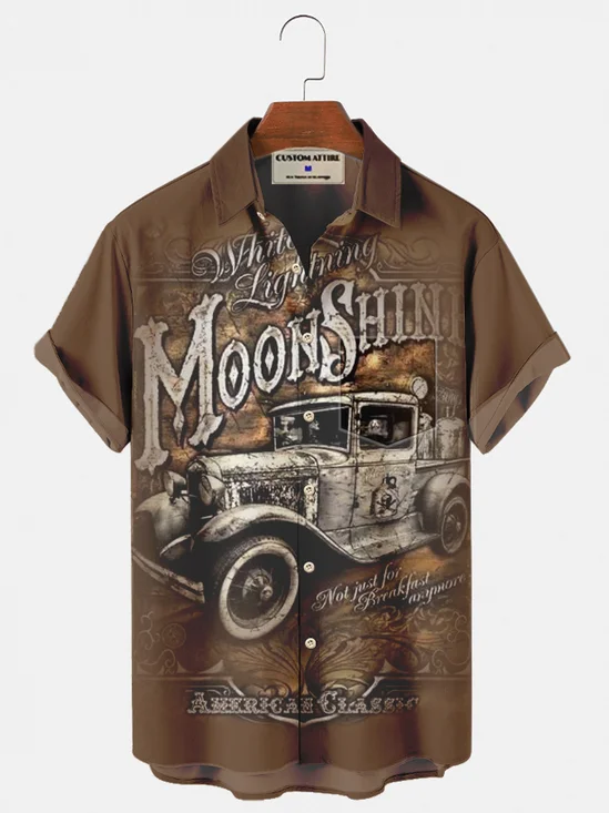 Men's Brown Vintage Car Casual Short Sleeve Shirt
