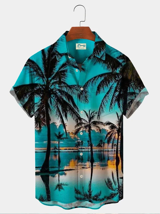 Royaura Holiday Casual Men's Hawaiian Shirts Palm Tree Beach Sunset Oversized Stretch Aloha Shirts