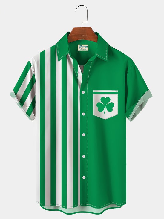 Royaura St. Patrick's Day Musical Note Stripe Print Men's Vintage Bowling Shirts Breathable Plus Size Shirts