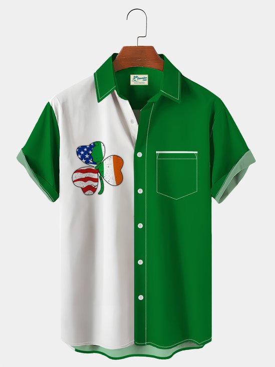 Royaura Saint Patrick Graphic Men's Shamrock Flag Hawaiian Short Sleeve Shirt