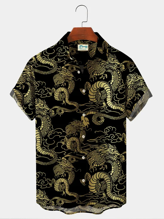 Royaura 50's Vintage Oriental Dragon Hawaiian Shirts Lunar New Year Aloha Button Shirts