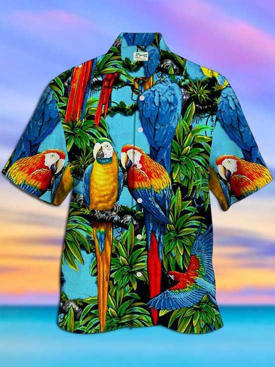 Royaura Parrot Graphic Men's Holiday Casual Hawaiian Short Sleeve Shirt