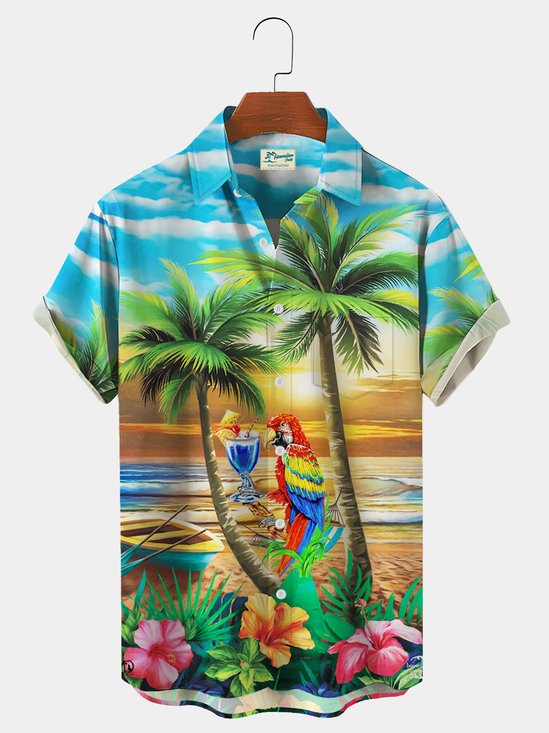 Royal Holiday Blue Stripe Casual Parakeet Hawaiian Men's Short Sleeve Shirt