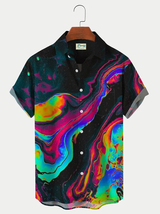 Royaura Colorful Marble Print Men's Hawaiian Short Sleeve Shirt Breathable Plus Size Shirt
