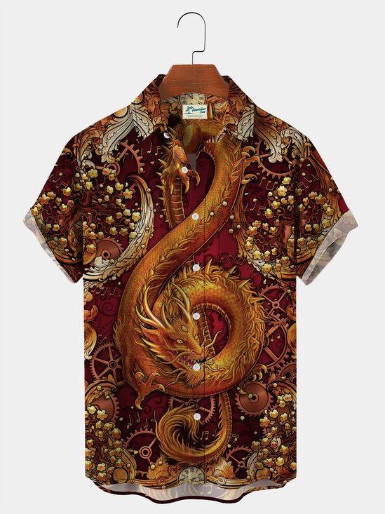Royaura Vintage Golden Dragon Hawaiian Shirt Men's Punk Short Sleeve Button Up Shirt