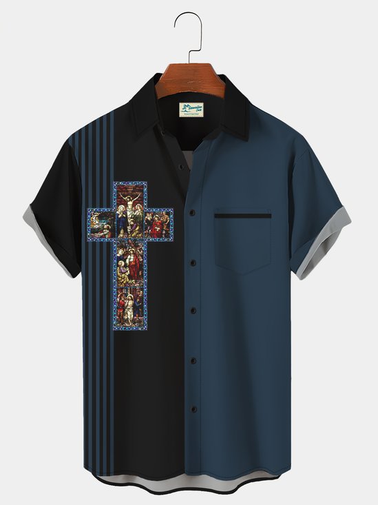 Royaura Vintage Bowling Easter Jesus Cross Breast Pocket Hawaiian Shirt Plus Size Vacation Shirt