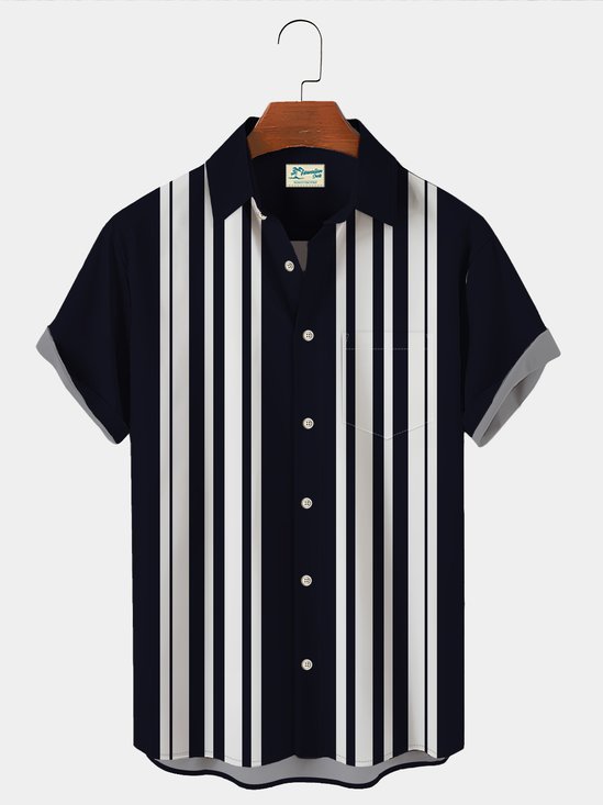 Royaura 60's Men's Black Vintage Bowling Shirts Variations Stripe Stretch Plus Size Fashion Shirts