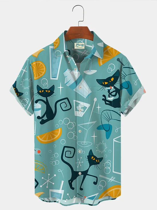 Royaura 50's Vintage Men's Hawaiian Shirts Cocktail Cat Oversized Stretch Aloha Shirts