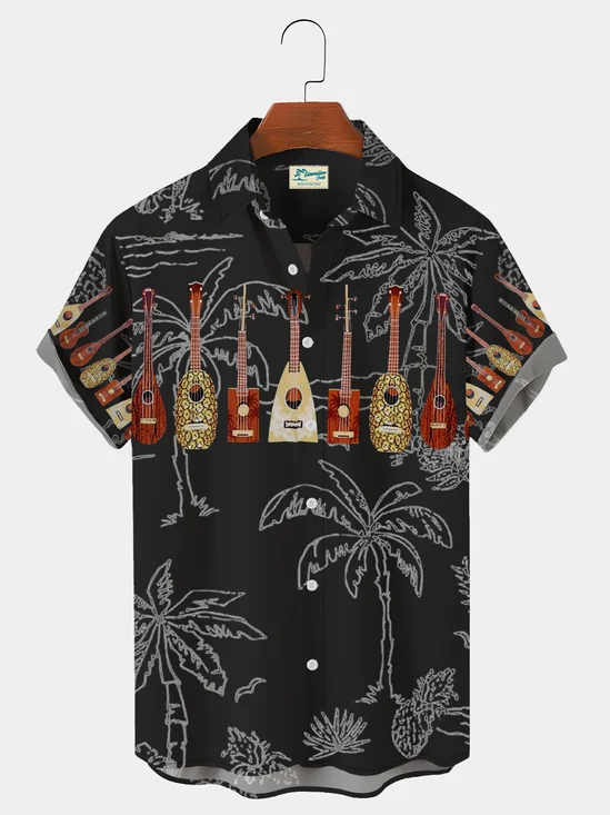 Royaura Vintage Guitar Coconut Tree Hawaiian Shirt Plus Size Vacation Shirt