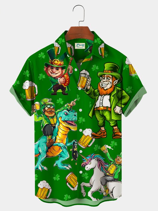 Royaura St. Patrick's Day Green Shamrock Dinosaur Fun Print Hawaiian Shirt Plus Size Vacation Shirt